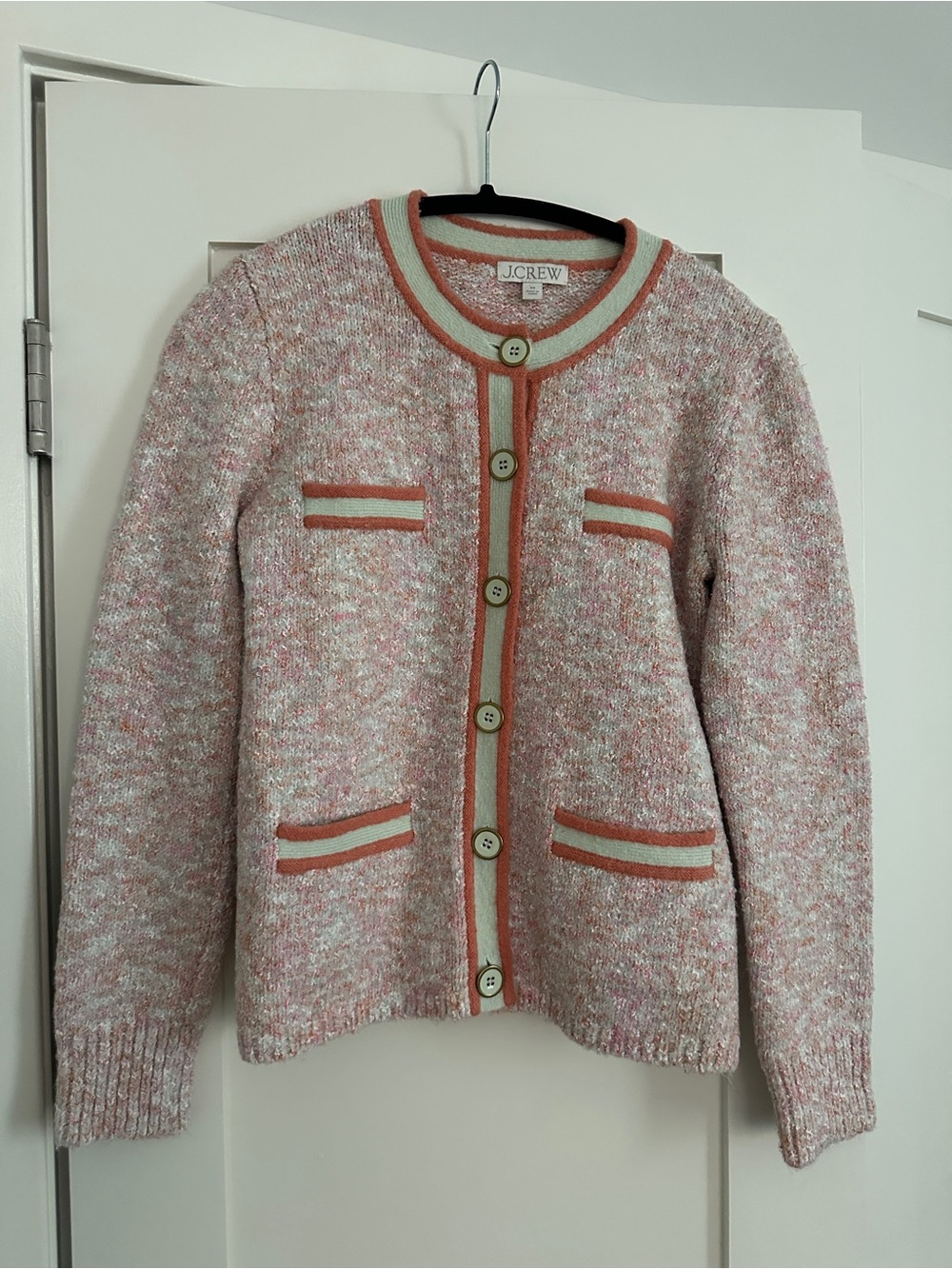 J. Crew Pink and Cream Tweed Button-Front Cardigan